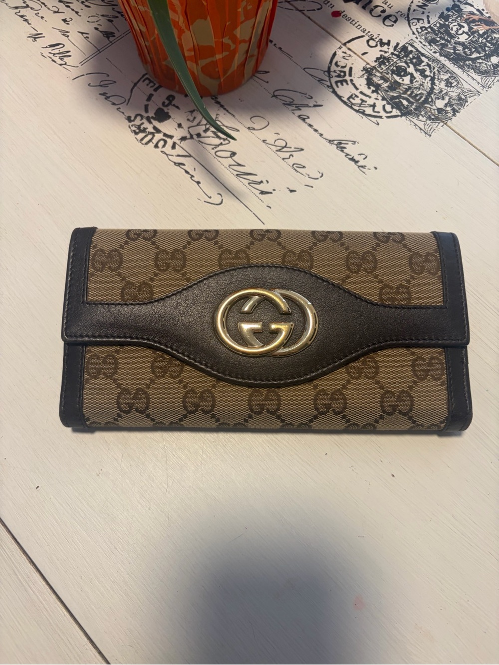 Gucci Brown and Black GG Continental Wallet with Gold Hardware